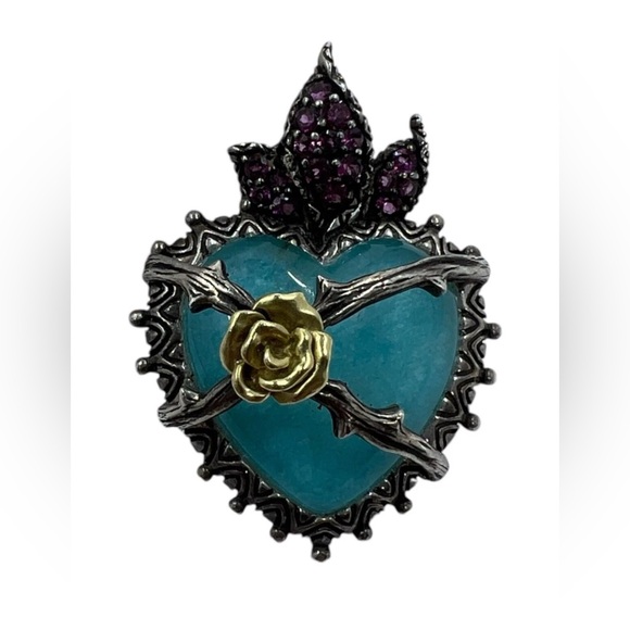 BARBARA BIXBY HEART PENDANT FLAME AMAZONITE GARNET SS 18K FLOWER 15.0 Grams - Picture 1 of 7